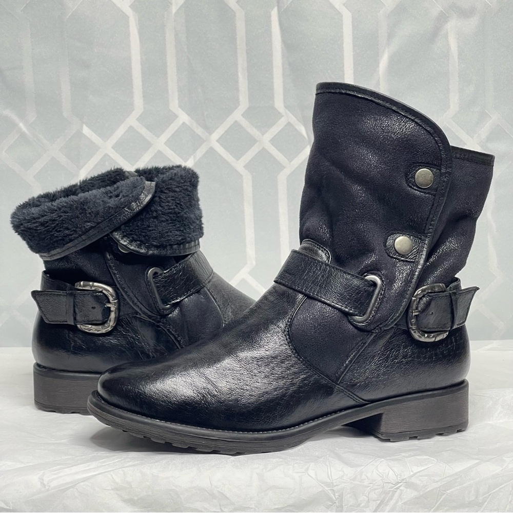 Baretraps Women’s Sheridan Black Leather Faux Fur Ankle Moto Boots 7.5